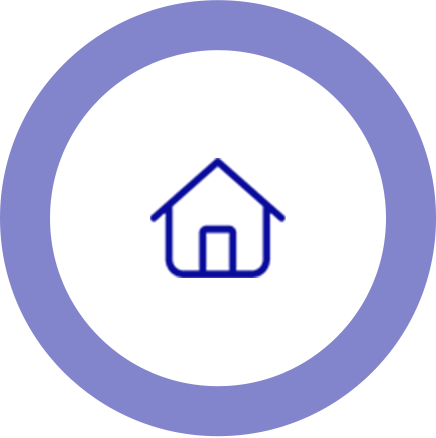 A simple icon of a house is centered within a blue circular border.